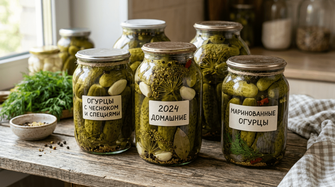 Банки с огурцами, чесноком и специями