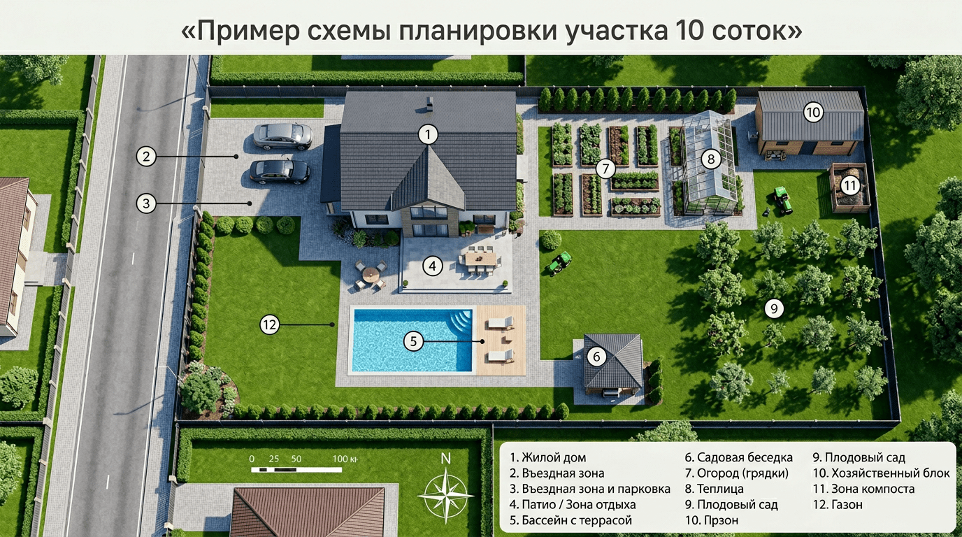 Пример схемы планировки участка 10 соток