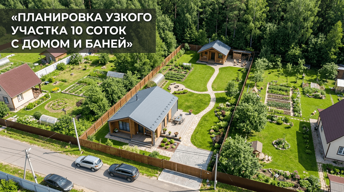 Планировка узкого участка 10 соток с домом и баней