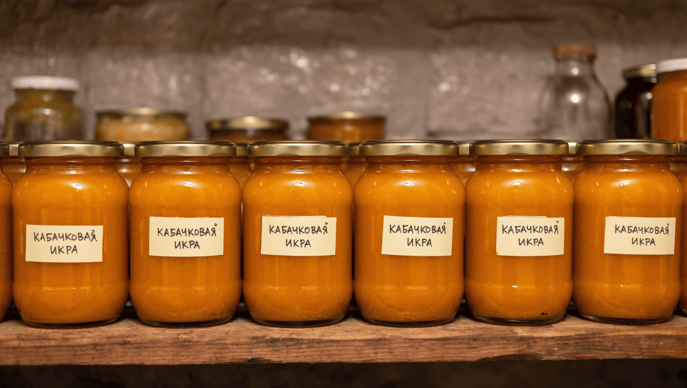 Готовая кабачковая икра в банках на полке