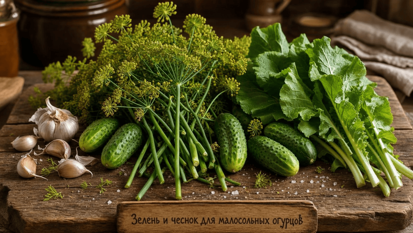 Зелень и чеснок для малосольных огурцов