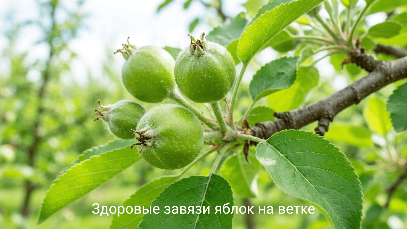 Здоровые завязи яблок на ветке