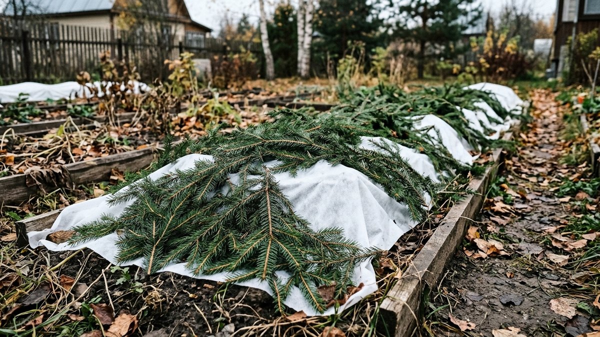 Укрытие клубники лапником и агроволокном