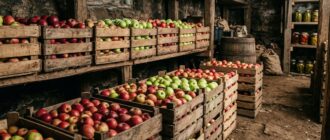 Яблоки, разложенные для хранения в деревянных ящиках