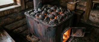 Каменка банной печи, засыпанная разными видами камней