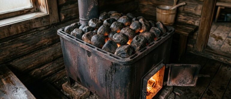Каменка банной печи, засыпанная разными видами камней