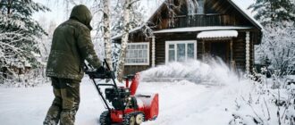 Снегоуборщик расчищает дорожку на дачном участке зимой