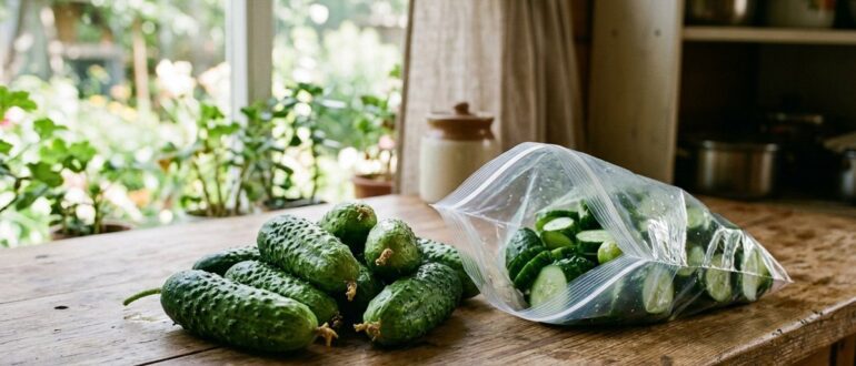 Свежие огурцы рядом с пакетом для заморозки на кухне