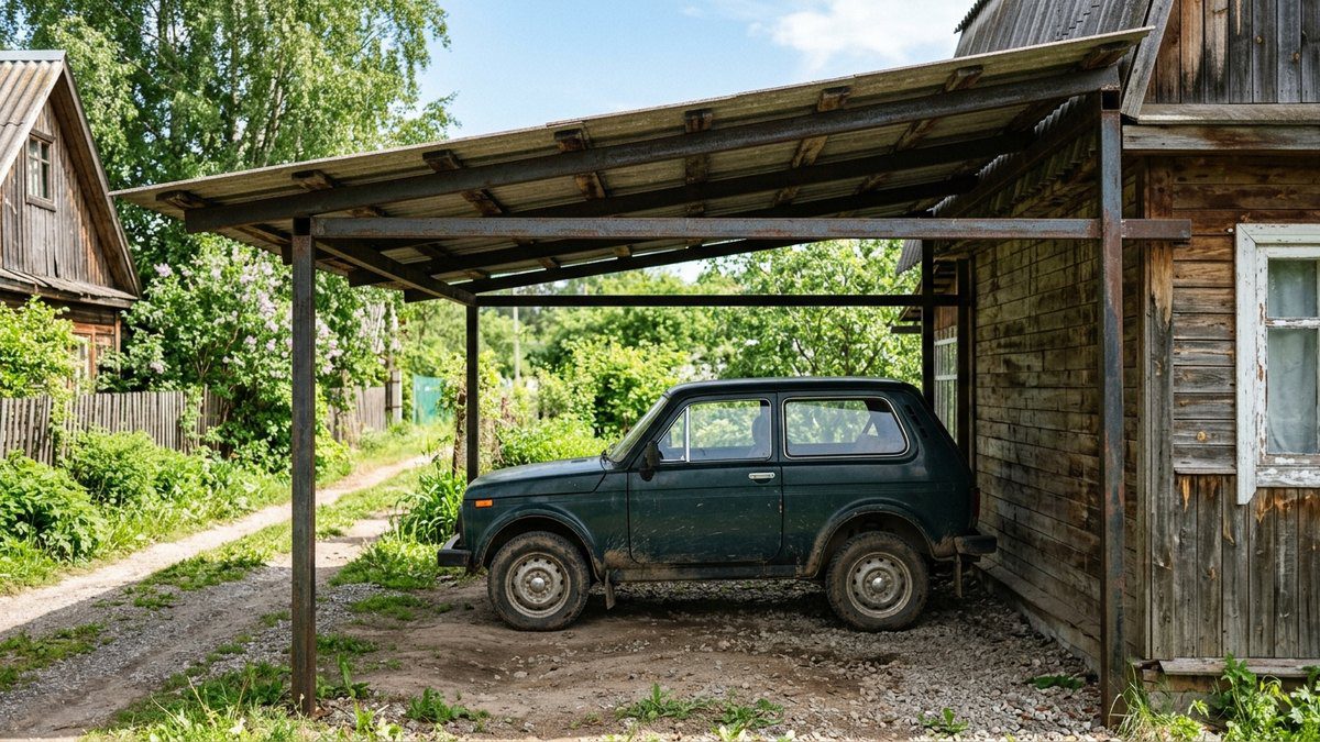 Односкатный навес для машины, пристроенный к стене дома