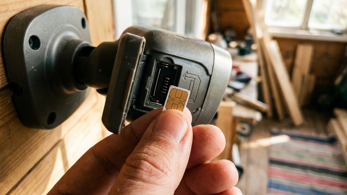 SIM-карта в слоте 4G-камеры видеонаблюдения крупным планом