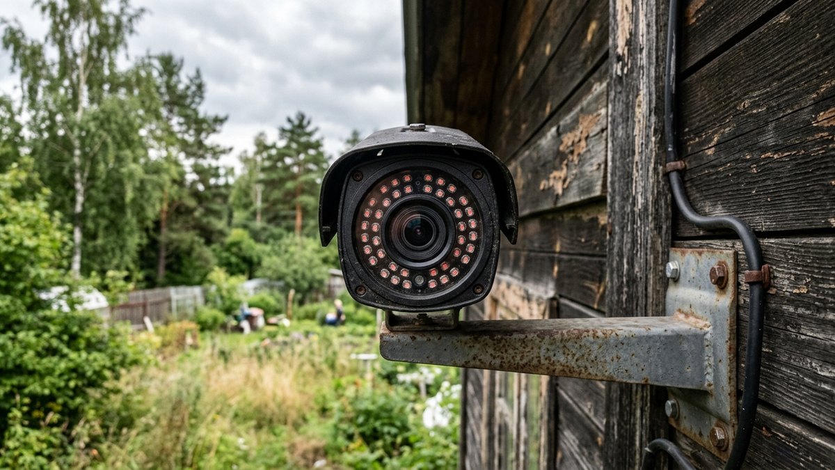 Камера видеонаблюдения крупным планом с инфракрасной подсветкой на кронштейне