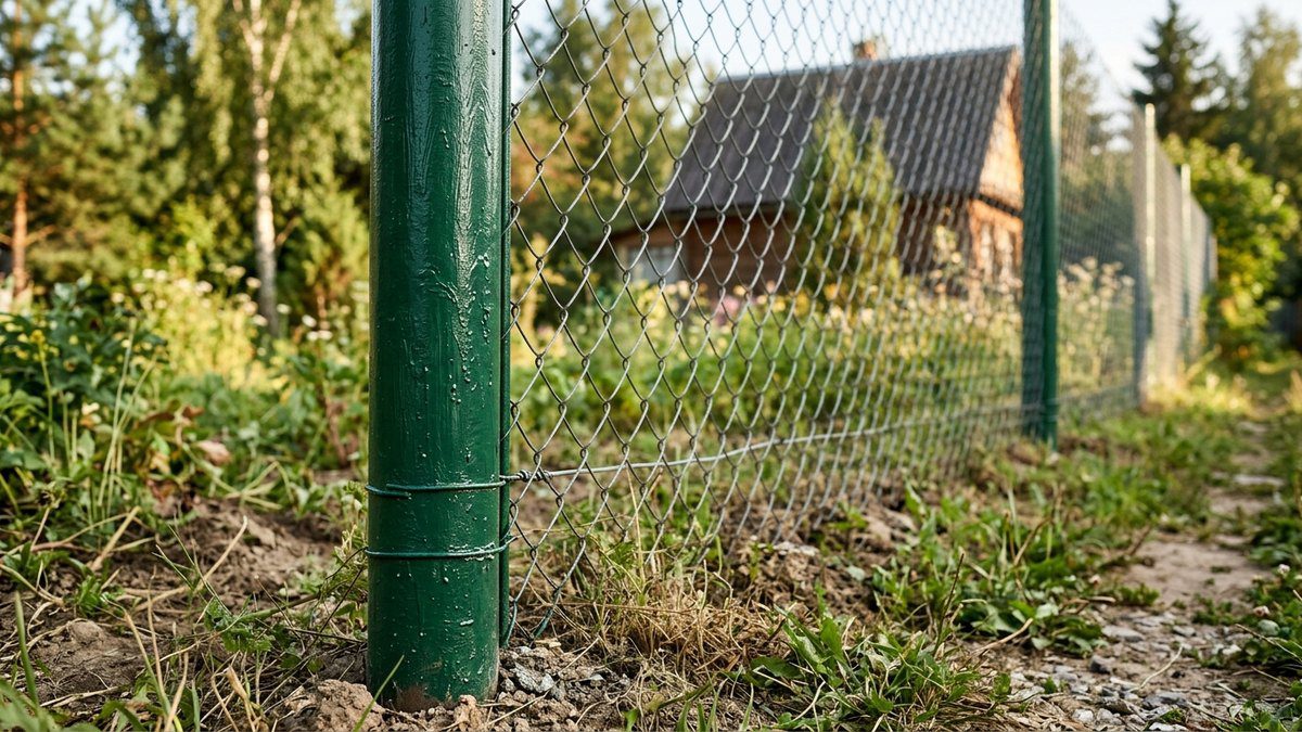 Окрашенные столбы забора из сетки рабица